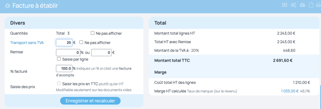 Frais de port sans TVA sur facture