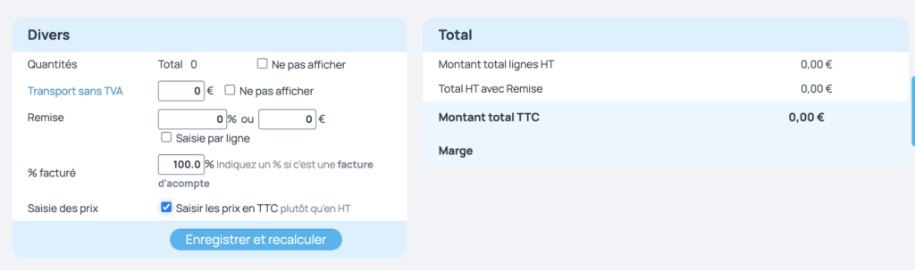 Tarif facture en TTC