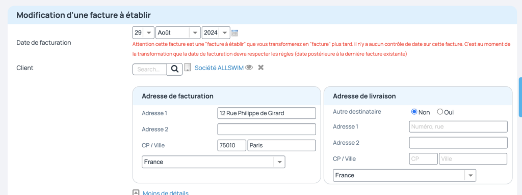 Modifier la date d'une facture