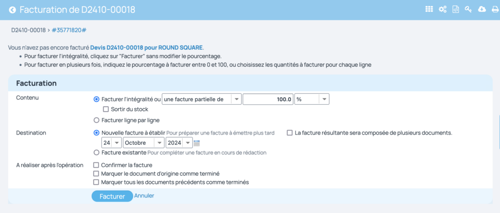 Facturation définitive de l'acompte