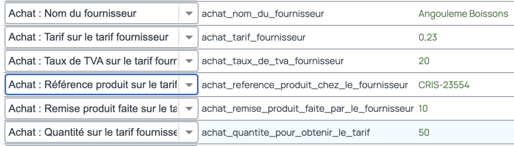 Pour intégrer les prix d'achat des produits, certains champs doivent être correctement renseignés. Sans ces informations, le tarif fournisseur ajouté ne sera pas complet.