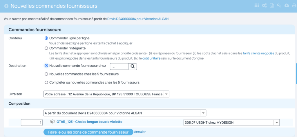 Transformer un devis en commande fournisseur