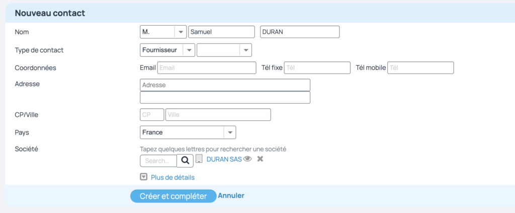 Ajout d'un contact fournisseur