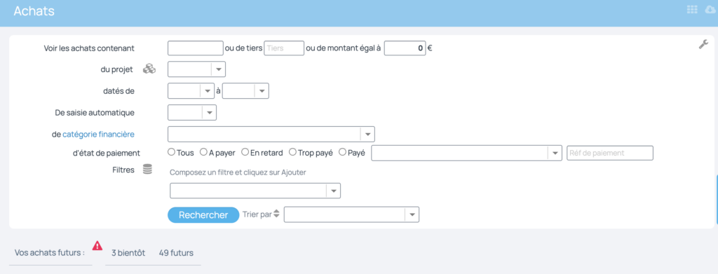 Critères pour rechercher des achats