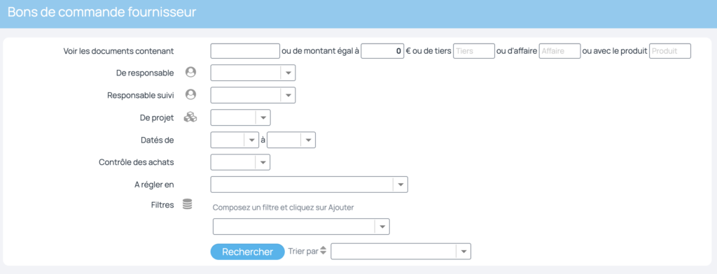 Critères pour rechercher un bon de commande