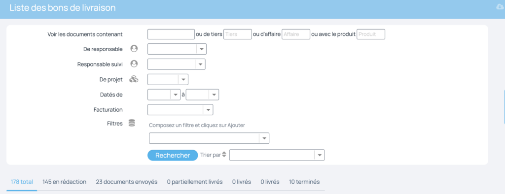 Critères rechercher un bon de livraison