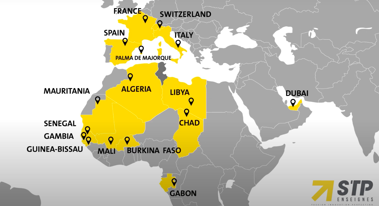 Carte des pays vers lesquels STP Enseignes a exporté ses créations