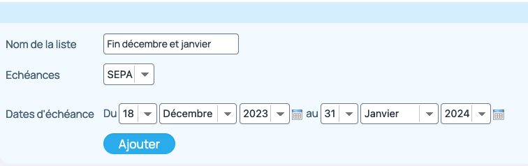 Pour créer une nouvelle liste contenant les paiements prévus à transmettre à la banque, il faut renseigner un nom et la période souhaitée et le logiciel remonte toutes les échéances correspondantes.