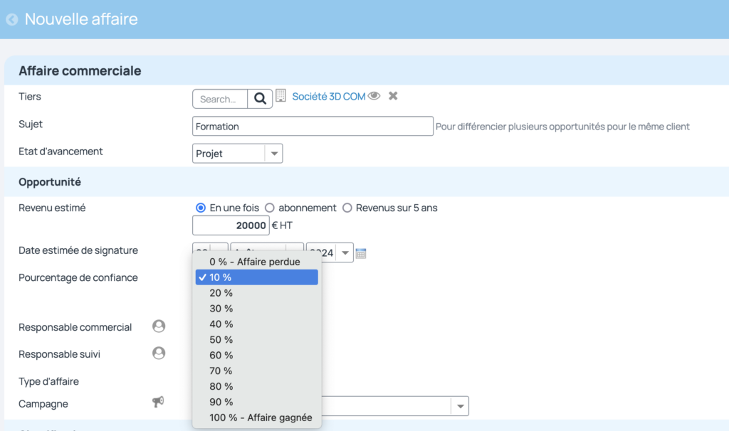 Le pourcentage de confiance permet de savoir si l'affaire est en bonne voie de signature ou si elle est pratiquement perdue