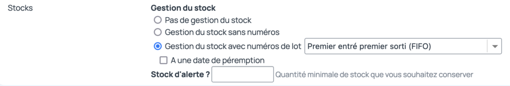 La gestion du stock par numéro de lot se règle sur la fiche produit