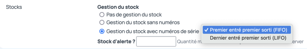 La gestion du stock par numéro de série se règle sur la fiche produit