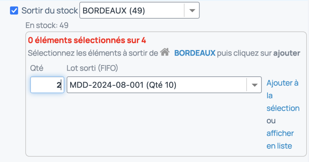 Le choix de plusieurs numéros de lot peuvent être réalisé en renseignant bien la quantité