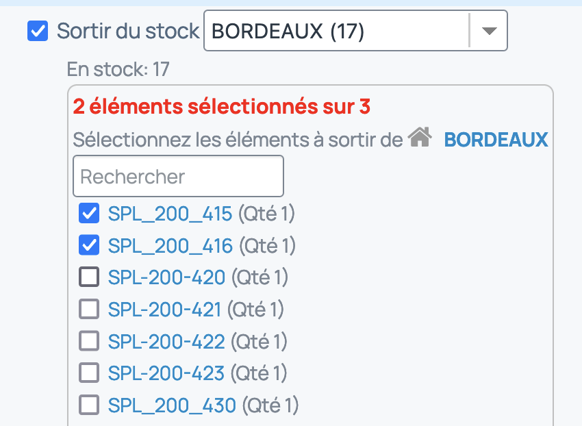 Le choix des numéros est réalisé par une case à cocher devant chaque numéro de série à sortir