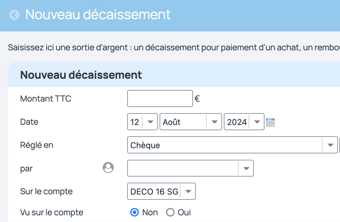 Le compte bancaire réglé sur le réglage par défaut est pris en compte sur les règlements comme les décaissements ou les encaissements dès que le réglage est activé