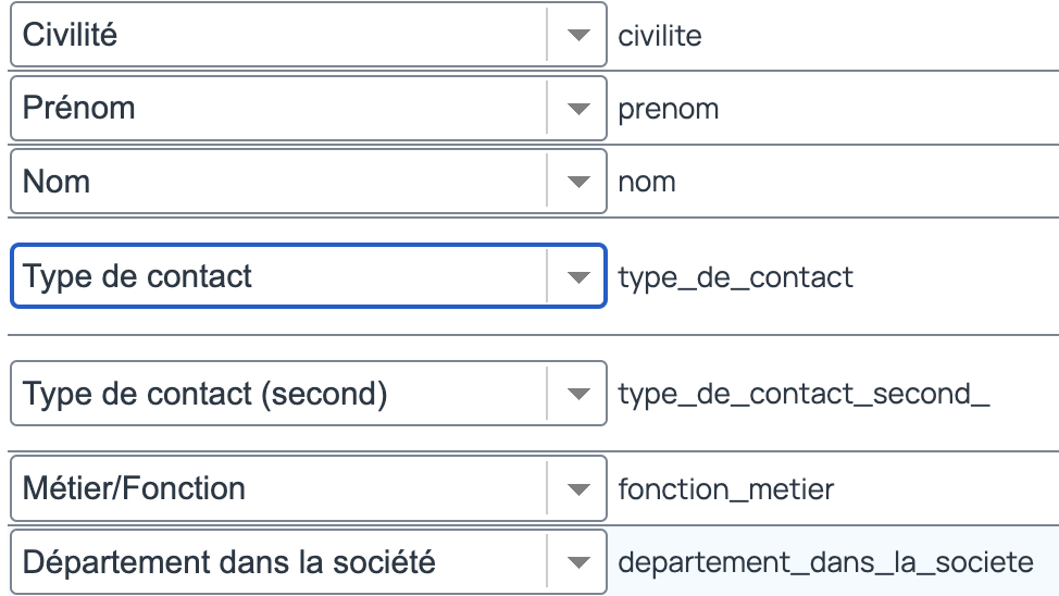 Rapprochement des colonnes et les champs incwo pour les informations du contacts