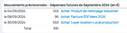 Les achats sont visibles depuis la ligne "Dépenses futures" en cliquant sur le montant du mois à analyser.