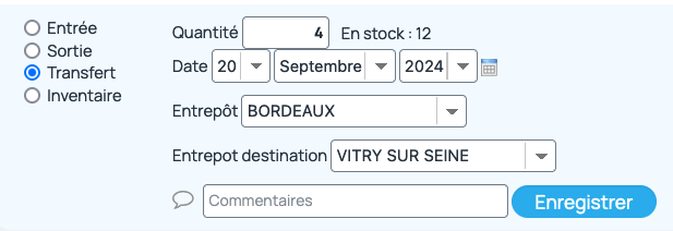 Dans l'onglet "Stock" de la fiche produit, un formulaire est présent pour enregistrer les mouvements de stock. Ici le formulaire est renseigné pour ajouter un transfert en stock