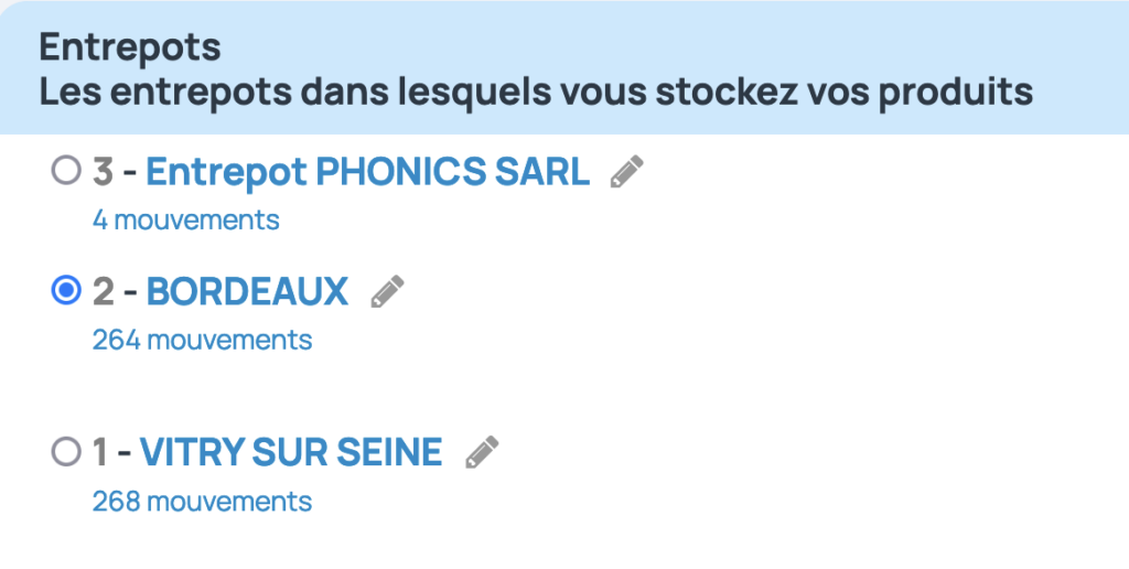 sur la liste des entrepôts présent sur l'application, il faut sélectionner l'entrepôt à utiliser en priorité et par défaut.