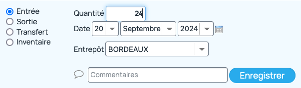 Dans l'onglet "Stock" de la fiche produit, un formulaire est présent pour enregistrer les mouvements de stock. Ici le formulaire est renseigné pour ajouter une entrée en stock