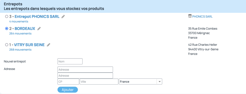 tous les lieux de stockage sont listés ainsi que le formulaire pour en ajouter de nouveaux.