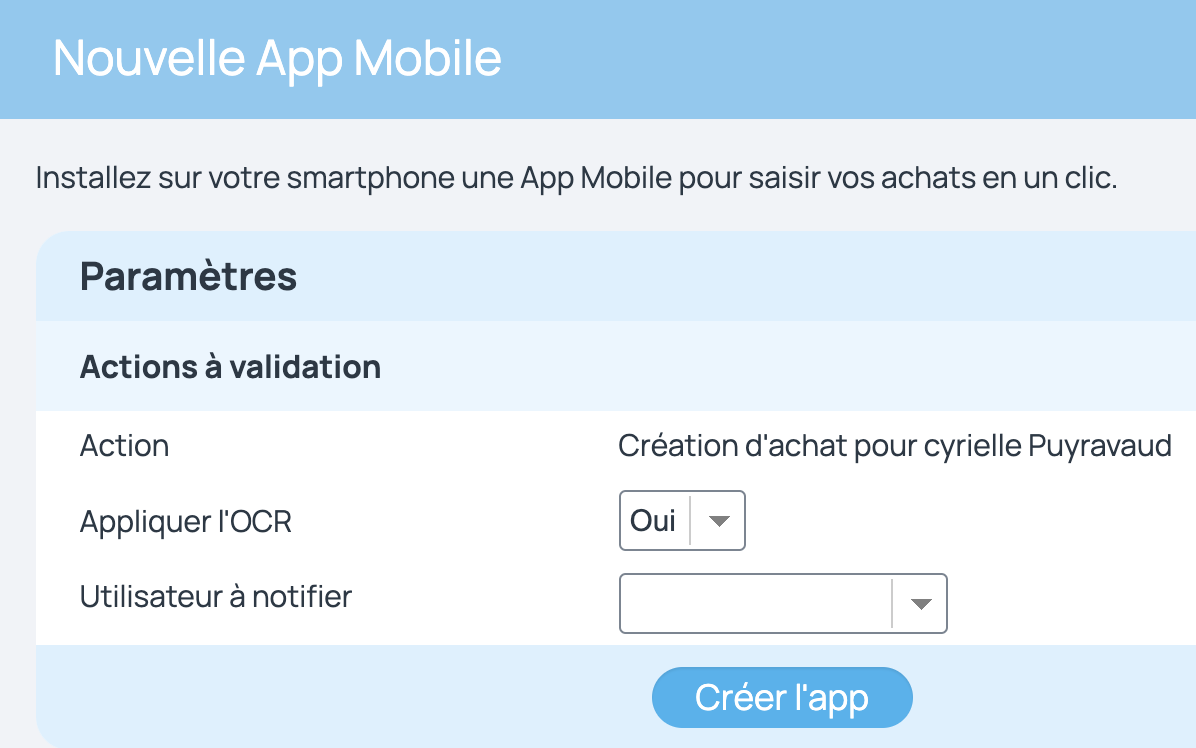 Les actions mobiles sont des apps dédiés pour la création d'objet. Sur les notes de frais et les achats, le traitement OCR est disponible.