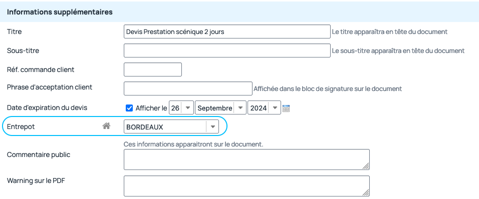 Pour les documents commerciaux (devis, Bon de livraison, facture...) il est possible de choisir un autre entrepôt que celui par défaut directement sur la pièce