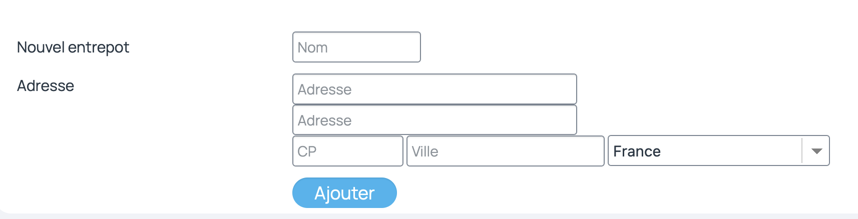 Pour ajouter un entrepot, un formulaire est proposé. Il faut indiquer le nom de l'entrepôt ainsi que son adresse.