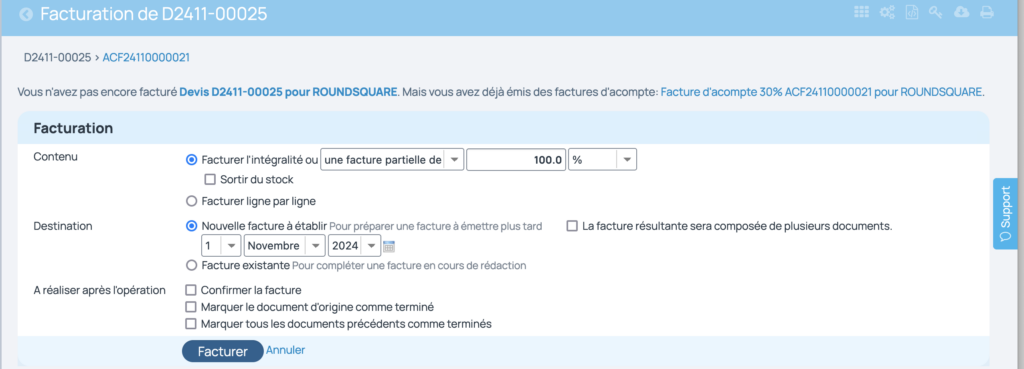 Report de l'acompte sur facture définitive